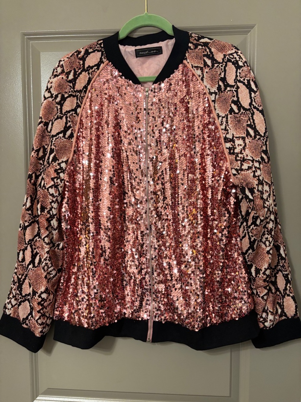 Sequin & Snake-Print Bomber Jacket - Pink